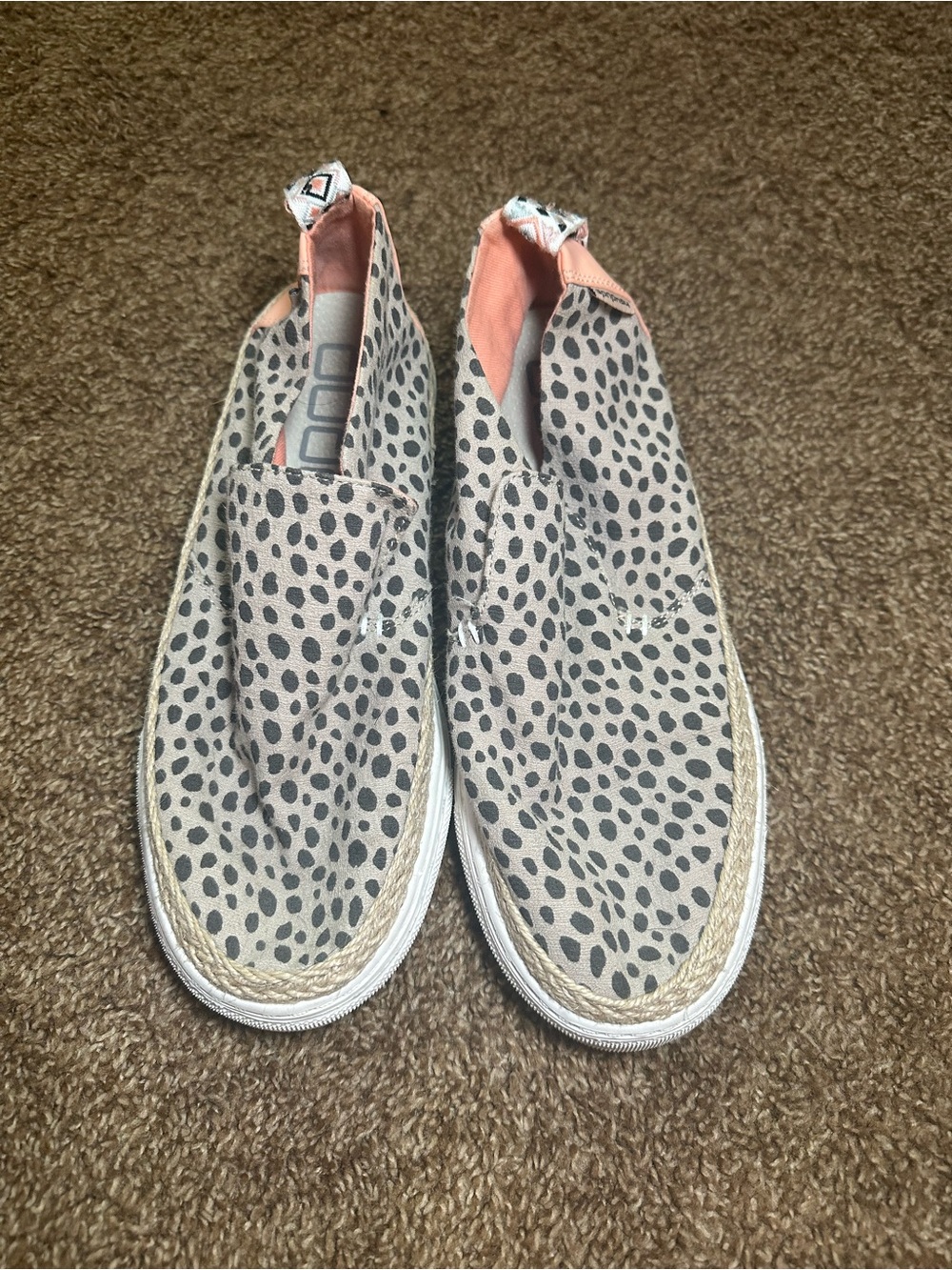 HeyDude Slip-On Espadrille Sneakers with Black Spot Print and Coral Lining